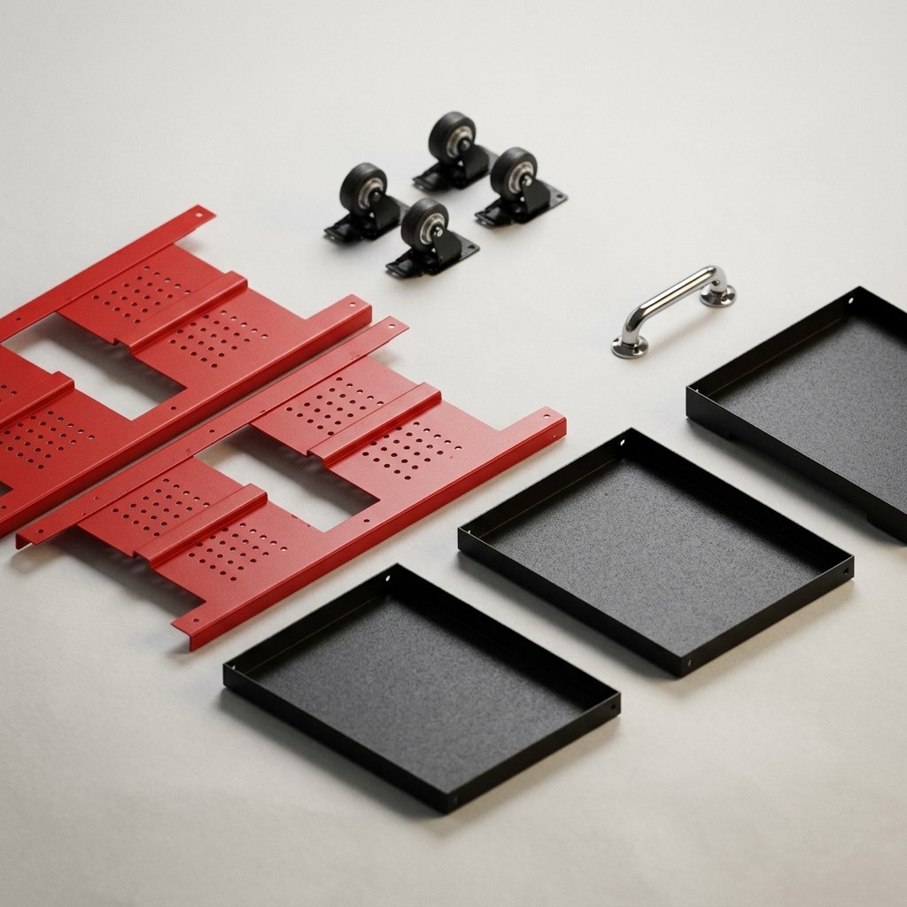 Exploded flat-pack kit: two red side frames, three black trays, four casters and a handle