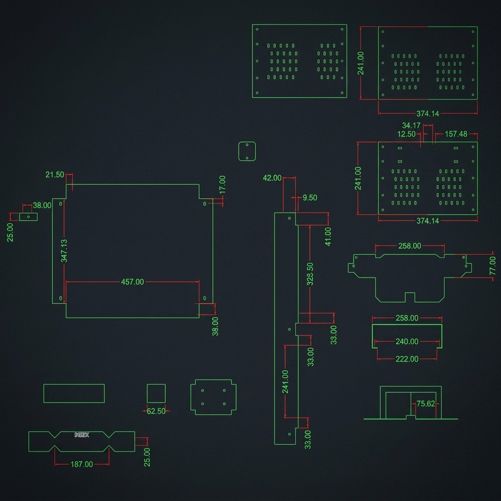 AutoCAD laser cutting drawing with dimensioned flat patterns