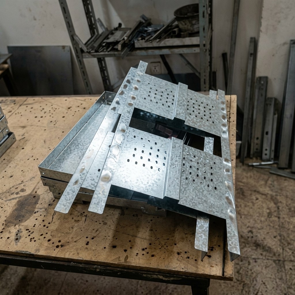 Laser-cut galvanised parts on the workshop bench