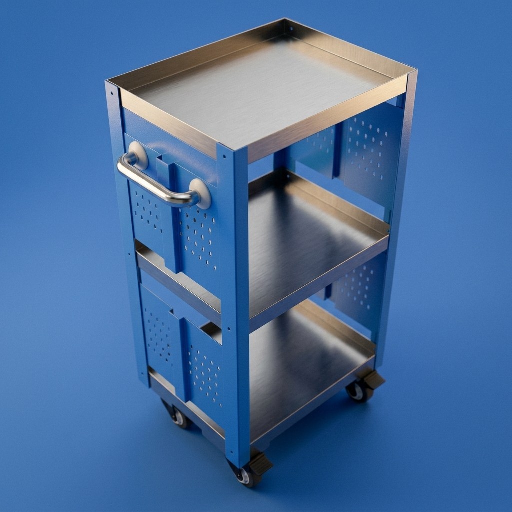 Tool trolley render in blue with stainless trays