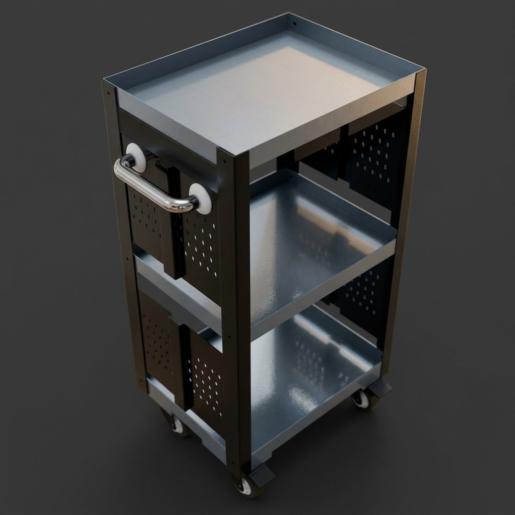 Tool trolley render in graphite with stainless trays