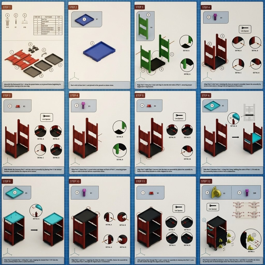 Pages of the illustrated assembly manual, steps 1 to 13